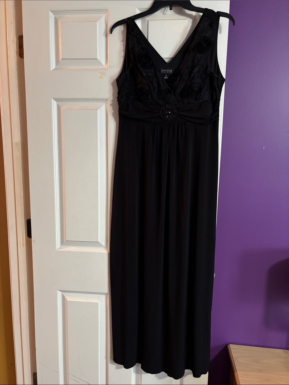 Enfocus Studio Black V-Neck Maxi Dress with Floral Applique